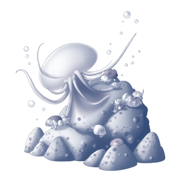 A sea anemone anchored on a rugged rock formation. Its tentacles extend outward, creating a delicate appearance as they sway gently with the movement of the water. Various sea creatures, including small fish and crustaceans, explore the area around it, interacting with the anemone and the rocks. The rock formation is textured, with crevices and surfaces covered in algae and barnacles, enhancing the underwater environment. Bubbles rise to the surface, adding to the dynamic scene.