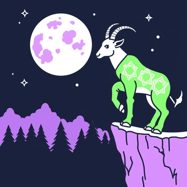 A Baphomet figure stands on the edge of a cliff, facing a glowing full moon that illuminates the night sky. The Baphomet has a goat's head with prominent horns and a human-like body adorned with intricate symbols. Its arms are outstretched, and it gazes thoughtfully at the moon, which casts a silvery light over the scene. The cliff is rugged, with sharp rocks jutting out, and below, a dark forest is visible, shrouded in shadows. Stars twinkle in the night sky, complementing the glow of the full moon.