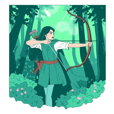 A teal female archer is dressed in ornate medieval attire, featuring a fitted leather tunic and a flowing green cloak. She is standing poised in a lush forest, surrounded by tall, verdant trees with dappled sunlight filtering through the leaves. The archer's long, dark hair flows behind her as she draws her bow, focusing intently on her target. In her left hand, she holds a quiver filled with arrows, while her right hand grips the bowstring firmly. The forest floor is covered in rich green foliage and scattered with small wildflowers, adding to the vibrant atmosphere of the scene.