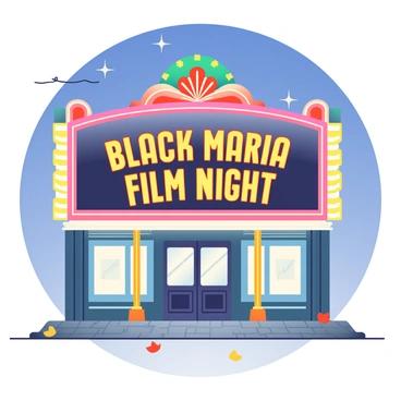 A vintage theater marquee is prominently displayed in the center of the image, showcasing the words "Black Maria Film Night" in large, illuminated letters. The marquee has a classic design, featuring ornate details and a dark background with bright, colorful lights outlining the text. Surrounding the marquee, the theater facade is adorned with decorative moldings and an inviting entrance, flanked by a pair of golden pillars. The ground is paved with bricks, and a few scattered leaves suggest a hint of autumn. A starry night sky provides a dramatic backdrop, enhancing the nostalgic atmosphere of this film event.