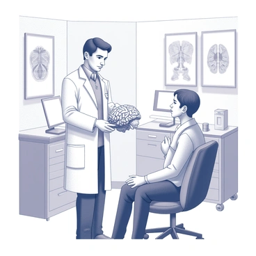 A doctor explaining an aneurysm to a patient using a brain model in a clinic