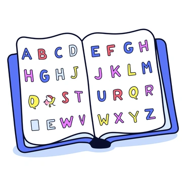 An illustrated dictionary featuring two distinct alphabets side by side. One page displays the first alphabet in bold, colorful letters, while the opposite page showcases the corresponding letters from the second alphabet in a minimalist style. Each letter is accompanied by a simple, clear illustration that represents a word beginning with that letter. The illustrations are outlined in black and filled with flat colors to enhance visibility. The dictionary is open on a wooden table, and there's a light shadow cast underneath, creating depth.
