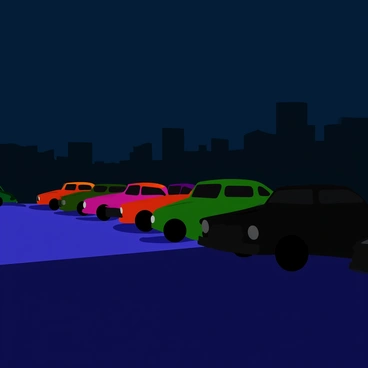 A dimly lit parking lot featuring a row of vintage car silhouettes. The cars are lined up side by side, showcasing their classic shapes and designs. The lighting creates dramatic shadows, highlighting the curves and contours of each vehicle. The background is filled with faint outlines of nearby trees and distant buildings, providing a sense of depth to the scene. Each silhouette appears distinct, with some cars having rounded edges while others feature sharper lines, representing different eras of vintage automobiles.