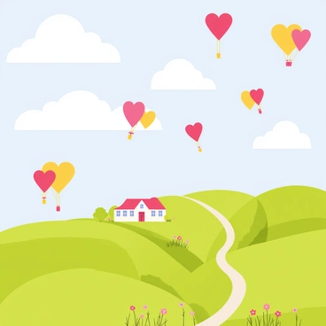 A sky filled with "colorful heart-shaped hot air balloons" in various shades of red, pink, and yellow floating gracefully. Below, a green countryside stretches out with rolling hills and patches of wildflowers. A small farmhouse with a red roof is visible in the distance, accompanied by a winding dirt road leading through the landscape. Fluffy white clouds drift by in the blue sky, adding depth to the cheerful scene.