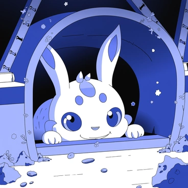 A magical creature is peeking out from a hidden corner of a metro tunnel. The creature has large, expressive eyes and intricate patterns covering its body. Its ears are elongated and pointed, giving it a whimsical appearance. The surrounding tunnel is dark and damp, with faint light coming from a distant source. There are rusty metal beams and scattered debris lining the walls. Small vines and moss cling to the edges, softening the harsh environment. The creature appears curious, half-hidden behind a shadowed alcove, with a slight glimmer of light reflecting off its features.