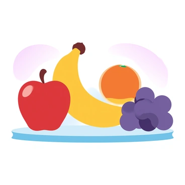 A still life arrangement of assorted fruits is placed on a smooth, simple surface. The display includes a shiny red apple, a bright yellow banana, a vibrant orange, and a cluster of deep purple grapes. Each fruit is positioned to highlight its unique bright colors. The background is a soft gradient of pastel shades that complement the colors of the fruits. The arrangement captures the freshness and vibrancy of each fruit while maintaining an elegant simplicity.