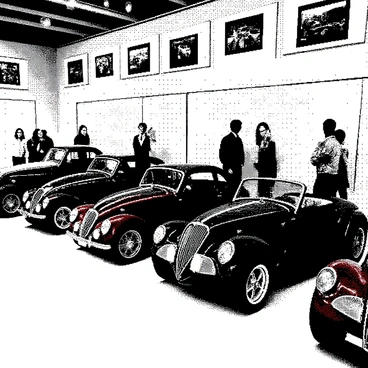 A small museum section is located inside a shop, showcasing a collection of rare vintage cars. The cars are arranged in a line, each with distinct features such as shining chrome details and classic body shapes. The walls are adorned with framed photographs of automotive history and informational plaques about each car model. Soft lighting highlights the curves and details of the vehicles. Visitors are seen admiring the cars, some taking pictures while others are engaged in conversation. The floor is polished, enhancing the overall presentation of the vintage collection.