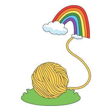A round ball of textured yarn, predominantly in a bright yellow color, sits in the foreground. The yarn is unraveled, creating a cascading line that extends into the sky. The unraveled yarn transforms into a vivid and colorful rainbow, with distinct bands of red, orange, yellow, green, blue, and purple seamlessly blending into one another. Fluffy white clouds float near the rainbow, adding a light and cheerful atmosphere to the scene. The ground is lush and green, enhancing the overall brightness of the image.