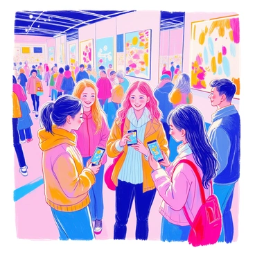 A group of visitors is engaging with colorful illustrations displayed at an art fair. Some individuals are holding smartphones, viewing augmented reality elements that enhance the illustrations. The surroundings show a bright exhibition space filled with various artwork. There are booths with different illustrations, and the visitors, a mix of adults and children, are smiling and pointing at the screens of their devices. The atmosphere is lively, with other attendees walking around and admiring the art.