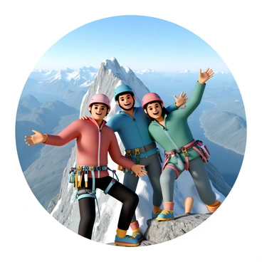 A group of three climbers, two men and one woman, are scaling a rugged mountain. They are equipped with colorful climbing gear, including helmets, harnesses, and climbing shoes. The men are wearing red and blue jackets, while the woman is dressed in a green jacket. They are positioned near a rocky ledge, showing determination as they navigate the steep incline. In the background, the mountain peaks rise dramatically under a clear blue sky, and a breathtaking view of valleys and other distant mountains unfolds behind them. At the summit, the climbers are celebrating their achievement, with wide smiles and raised arms, taking in the stunning panoramic landscape.