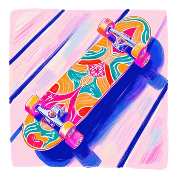 A skateboard lies flat on a wooden surface, showcasing a vibrant design. The skateboard features bold tribal patterns in earthy tones, including browns, greens, and deep reds. The intricate designs swirl and interlace across the deck, creating a striking visual effect. The wheels of the skateboard are a contrasting color, adding to the overall aesthetic. Shadows from the surface under the skateboard create depth, emphasizing the dynamic shapes of the patterns.