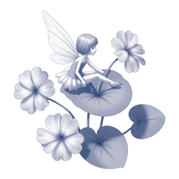 A tiny fairy sitting on a large geranium leaf with flowers around