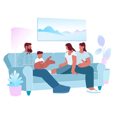 A family sitting together in a therapy session, engaging in open dialogue