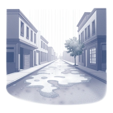 A rain shower pouring down onto a dusty street. The water creates small puddles that reflect the surroundings. The street is lined with old brick buildings, and droplets splash as they hit the ground. The dust is being washed away, leaving behind a fresh and clean surface. The atmosphere is filled with the sounds of rain hitting the pavement. A few leaves from nearby trees are glistening with moisture.