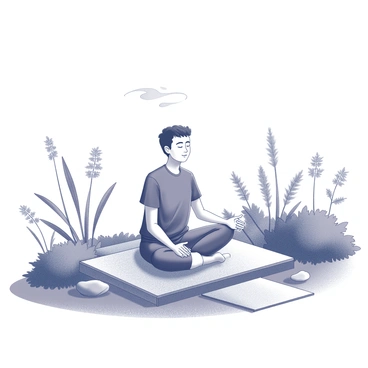 A person sitting cross-legged on a stone path in a garden. The individual has a peaceful expression, with eyes closed, as they engage in meditation. Surrounding them are various plants and flowers, including tall grasses and low bushes, creating a sense of privacy. A few stones are scattered around them, adding to the natural setting. Above, a gentle breeze rustles the leaves, contributing to a calm atmosphere.