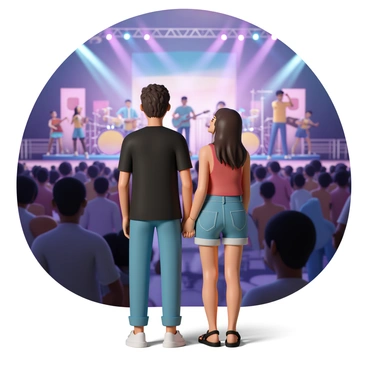 A man, wearing a black t-shirt, blue jeans, and white sneakers, stands next to a woman, who is wearing a red tank top, denim shorts, and black sandals. They are both holding hands, singing with wide smiles on their faces as they watch the band perform on stage. The background features a lively crowd with people dancing and enjoying the music, colorful stage lights illuminating the scene, and the evening sky transitioning to twilight. The couple appears to be fully immersed in the moment, surrounded by a vibrant atmosphere filled with energy and excitement.
