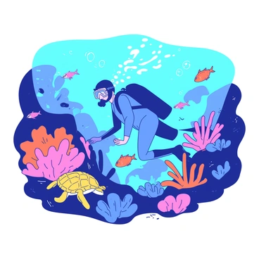 A blue scuba diver is exploring vibrant coral reefs filled with orange and pink corals of various shapes. The diver is surrounded by several yellow and teal sea turtles swimming gracefully among the corals. The sunlight filters through the water, illuminating the scene and revealing a diverse array of colorful fish darting by. The diver's gear consists of a bright blue wetsuit and a clear mask, with bubbles rising as they explore the underwater world.