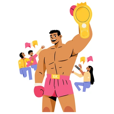 Mike Tyson is standing confidently, with a broad smile on his face. He has a muscular build and is wearing red boxing shorts with a matching pair of gloves. In his right hand, he is proudly holding a large heavyweight championship belt high above his head. The belt is adorned with gold detailing and a prominent center emblem. Behind him, there are cheering fans with colorful banners celebrating his victory. The scene conveys a sense of triumph and celebration.