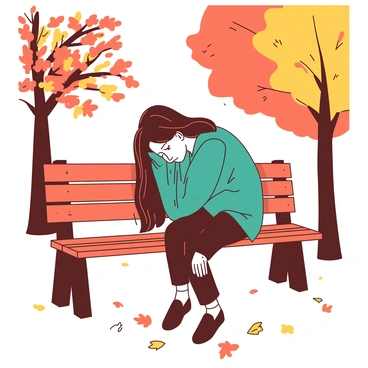 A woman with long brown hair is sitting on a wooden park bench. Her head is resting in her hands, and her shoulders are slumped, conveying a sense of deep sorrow. She is wearing a cozy teal sweater that contrasts with the vibrant orange and yellow autumn leaves scattered around the ground. The park is filled with trees in shades of orange and yellow, their leaves fluttering gently in the breeze. The woman’s shoes are positioned on the ground next to the bench, partially covered by the fallen leaves.
