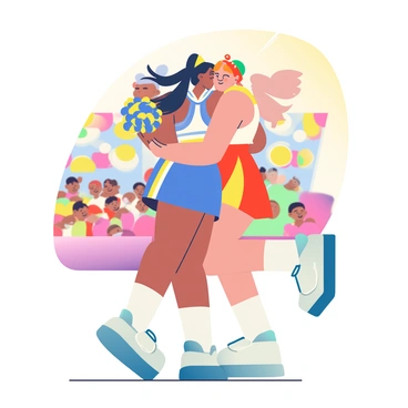 Two cheerleaders with long hair in bright ponytails are hugging each other tightly after a successful routine at a competition. One cheerleader has medium skin and is wearing a blue and white cheerleading uniform with a matching pom-pom in her right hand. The other cheerleader has light skin and is dressed in a red and yellow uniform, holding a pom-pom in her left hand. They are surrounded by colorful banners and a cheering crowd in the background, with the sun shining down on the scene, reflecting their excitement and joy.