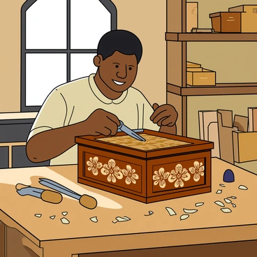 A carpenter with dark skin and short black hair is focused on carving intricate designs into a polished wooden jewelry box. He is seated at a sturdy wooden workbench surrounded by various tools, including chisels and a small mallet. Sunlight filters through a window, casting warm light on the workspace. The jewelry box, made of rich brown wood, features elegant floral patterns that are being carved into its surface. Shavings of wood are scattered across the bench, showcasing the artistry of the craft. The workshop is filled with shelves containing additional wooden items and tools, giving a sense of a busy and creative environment.