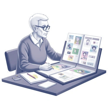 A professor is seated at a large wooden desk, reviewing an open portfolio filled with various animation and illustration works. The portfolio showcases multiple pages, each displaying vibrant illustrations. The professor, an older individual with reading glasses perched on their nose, is focused and appears to be taking notes on a notepad beside the portfolio. The lighting in the room is soft, illuminating the pages and highlighting the intricate details of the works. Various art supplies, like colored pencils and sketchbooks, are scattered across the desk, suggesting an environment rich in creativity and artistic expression.