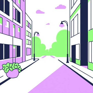 An empty city street is depicted at dawn, with soft light illuminating the scene. Shadows stretch long from the buildings lining the street, creating a stark contrast with the illuminated pavement. The street is flanked by tall buildings with large windows reflecting the early light. Potted plants are placed near a lamppost on the sidewalk, adding a touch of greenery. In the background, a few scattered clouds are visible in the sky, gently tinted by the first light of day. The atmosphere is tranquil and quiet, emphasizing the solitude of the moment.