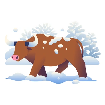 A large brown bull is standing in a snowy landscape. The bull has prominent horns and a thick coat, with patches of white snow resting on its back. Fluffy snowflakes are gently falling around it, creating a soft white blanket on the ground. In the background, there are snow-covered trees with frosty branches, and the sky is a light gray, indicating a cold winter day. The scene conveys a sense of tranquility in the snowy environment.