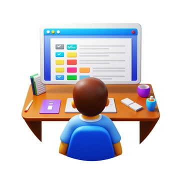 A person sitting at a desk, focused on a computer screen. The screen displays a vibrant online poll filled with colorful options, each option represented by distinct colors and icons. The room is well-lit, and various office supplies are scattered around the desk. The person's expression shows concentration as they navigate the colorful choices illustrated on the screen.