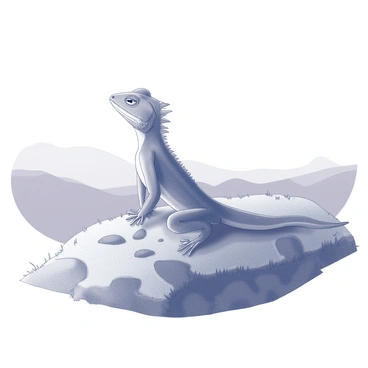 A crested gecko standing on a grassy hilltop. The gecko has a prominent crest along its back and is facing forward, showcasing its vivid skin texture and features. The hill is gently sloping with patches of grass and scattered rocks. In the background, there are distant rolling hills and a vast sky, providing a panoramic view of the landscape. The gecko's posture is upright, suggesting a sense of pride as it surveys the scenery.