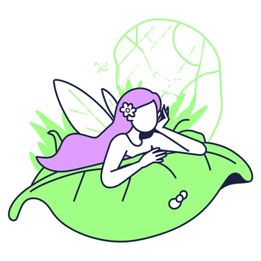 A fairy with delicate wings is resting on a large leaf. The fairy has long flowing hair adorned with small flowers. She is positioned comfortably, lying on her side with one hand supporting her head. Sunlight filters through the leaves above, creating a pattern of light and shadow on the leaf beneath her. Nearby, a few dewdrops glisten on the leaf's surface, reflecting the sunlight. In the background, hints of foliage are visible, adding depth to the scene.