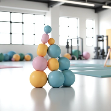 A set of kettlebells, painted in bright colors, arranged in a pyramid shape on a polished gym floor. The kettlebells vary in size and weight, with the heaviest one positioned at the bottom and the lighter ones stacked neatly on top. The gym features high ceilings with large windows allowing natural light to illuminate the space. The floor is smooth, and there are gym mats and exercise equipment visible in the background, creating a functional workout environment.