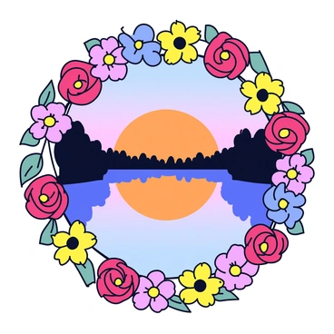 A vivid arrangement of various flowers, including red roses, yellow daisies, and blue forget-me-nots, creates a decorative border. In the center, there is a photograph showcasing a calm lake reflecting shades of orange and pink from the sunset. The lake is surrounded by silhouettes of trees on either side, enhancing the tranquil atmosphere of the scene.