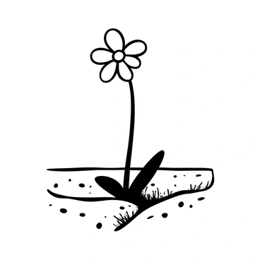 A single flower with delicate petals growing through a crack in a concrete pavement. The concrete surface appears rough and weathered, with visible textures and patterns. The flower stands tall, its stem reaching upward, surrounded by small bits of debris and dust on the pavement. The contrast between the fragile beauty of the flower and the harshness of the concrete creates a striking visual.