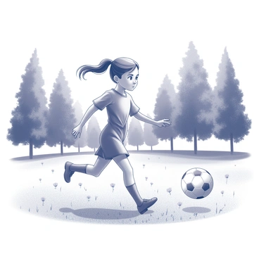 A young girl is playing soccer in a lush park. She is wearing a sporty dress designed for active movement. Her hair is pulled back in a ponytail, and she has a focused expression on her face as she runs towards the soccer ball. The park is filled with green grass and tall trees in the background. There are a few scattered wildflowers dotting the field, adding detail to the vibrant scene. The girl is surrounded by the excitement of a sunny day outdoors.