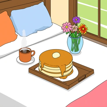 A neatly made bed with fluffy white sheets and colorful pillows. On top of the bed, there is a wooden tray holding a stack of golden-brown pancakes, drizzled with syrup and topped with a pat of butter. A steaming cup of dark coffee sits beside the pancakes. Next to the food, there is a small glass vase filled with fresh, vibrant flowers in various colors, adding a cheerful touch to the scene. The morning light filters in through a nearby window, casting soft shadows across the bed.