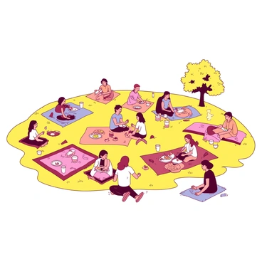 A yellow grassy hill is filled with families and friends gathered for a large picnic. Various colorful blankets are spread out across the hill, each with groups of people enjoying their time. There are plates of food and drinks placed on the blankets, and some individuals are laughing and chatting while others are playing games nearby. In the background, a few trees provide shade, and the sky is clear above them.