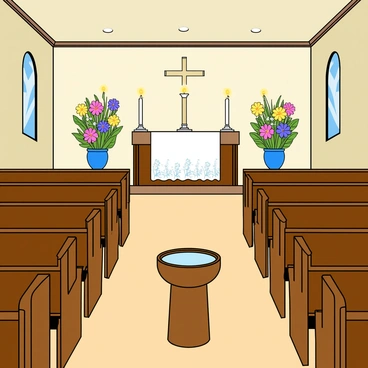 The interior of a small church decorated with flowers and candles for a baptism ceremony