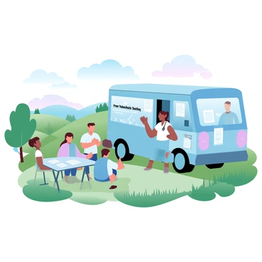 A mobile clinic is parked in a green rural area surrounded by fields and trees. The clinic van is painted in bright colors, with a large sign that reads "Free Tuberculosis Testing" on its side. A small group of people is gathered outside the van, appearing attentive to a healthcare worker who is explaining the testing process. There are various medical posters displayed on the side of the van, showcasing information about tuberculosis. Nearby, a portable table is set up with pamphlets and informational materials. The sky is clear with soft pastel hues, contributing to the tranquil atmosphere of the scene.