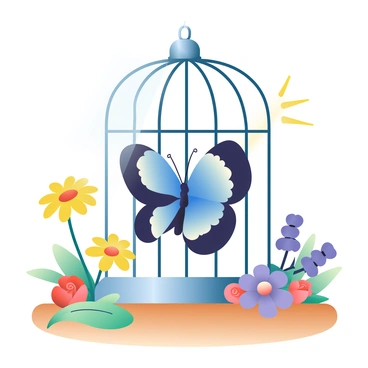 A butterfly emerging from an open cage surrounded by flowers