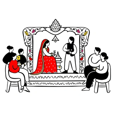 A Bengali bride dressed in a red and white saree with intricate gold embroidery, adorned with traditional jewelry, is seated on a decorated platform. The groom, wearing a white panjabi and a matching stole, stands beside her, holding a ceremonial item. The background features colorful floral decorations and traditional wedding symbols, including a sacred fire. Guests are seated around, some watching intently while others engage in conversations, all dressed in vibrant traditional attire. The atmosphere conveys a sense of culture and celebration.