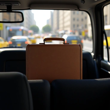A brown leather briefcase with a textured surface is placed on the back seat of a taxi. The taxi's interior is upholstered in black fabric, and there is a seatbelt visible. Outside the window, a busy city street is visible, filled with various vehicles including cars and buses. The scene captures the hustle and bustle of urban life, with blurred motion indicating traffic flow. The sunlight filters through the taxi window, casting soft shadows inside the vehicle.