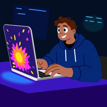 A person with short hair wearing a hoodie is sitting at a desk, typing furiously on a laptop. The person's fingers are a blur on the keyboard, indicating swift movement. The laptop screen is filled with bright, colorful digital explosions represented by vivid bursts of light and patterns, illuminating the face of the hacker. In the background, there are abstract shapes and lines that resemble a digital environment, enhancing the frenetic energy of the scene. The room is dimly lit, with glowing lights emanating from the computer screen, creating a contrast against the darker surroundings.