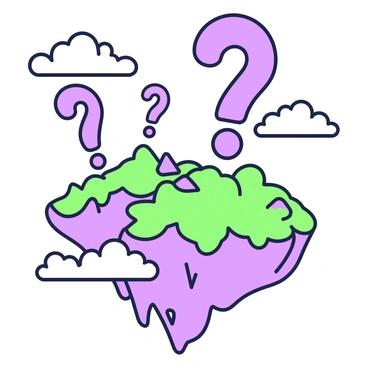 A floating island is suspended in the sky, surrounded by fluffy clouds. The island features a rugged terrain with patches of vibrant green grass and rocky outcrops. Giant question marks, with a thick outline, sprout from the surface of the island, varying in height and size. Each question mark has a slightly different design, some twisting artistically, while others stand tall and straight. The sky above is bright, creating a stark contrast to the green and purple elements of the scene.