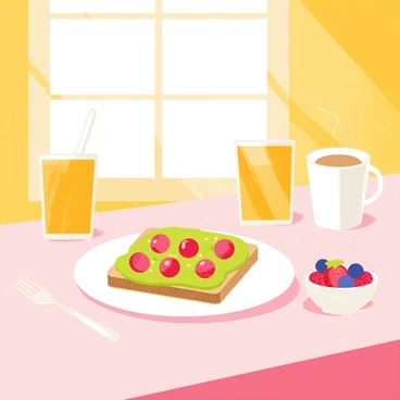 A bright kitchen table set for breakfast, featuring a plate of "avocado toast" on whole grain bread. The toast is generously topped with "sliced cherry tomatoes" that are a vibrant red color. There are "sprinkled seeds" on top, adding texture, and a small bowl of "mixed berries" sits beside the toast. A glass of "fresh orange juice" is positioned on the table, along with a "white coffee cup" filled with steaming coffee. Sunlight streams through a nearby window, illuminating the scene.