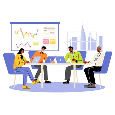 A meeting room filled with a diverse team of investors seated around a large rectangular table. The investors include a woman with glasses, a man with a beard, and another man with slicked-back hair, all focused intently on their laptops and papers in front of them. On the wall behind them is a large screen displaying colorful graphs and charts depicting stock market trends. The atmosphere is busy, with charts showing upward and downward movements, and financial documents scattered across the table. A window in the background reveals a city skyline.