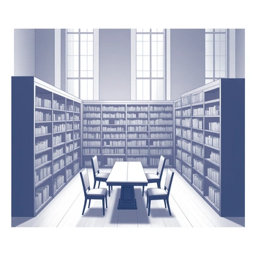 An expansive library interior featuring towering bookshelves that reach from the floor to the ceiling, filled with neatly arranged books. The bookshelves line the walls, creating a sense of grandeur and depth in the room. In the center of the space, there is a large, elegant reading table made of dark wood, surrounded by several comfortable chairs. Soft light filters through tall windows, casting gentle shadows across the polished wooden floor. The atmosphere is inviting, encouraging quiet reflection and study.