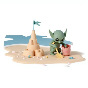 A gremlin building a sandcastle on the beach, with a bucket and spade.