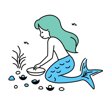 A mermaid with flowing green hair is collecting pearls from an oyster bed on the ocean floor. She has a shimmering tail with scales that reflect the light in shades of blue and teal. The oysters are scattered around her, some open to reveal lustrous pearls inside. Surrounding the scene are swaying seaweed and small fish swimming nearby, adding to the underwater habitat. The sand is soft and fine, creating a gentle surface for her to kneel upon as she gathers the pearls.