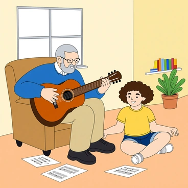 An elderly man with gray hair and glasses is sitting on a comfortable chair in a bright living room. He is wearing a cozy blue sweater and beige trousers. Next to him, a young girl with curly brown hair is sitting cross-legged on the floor, wearing a yellow t-shirt and denim shorts. The man is holding a shiny wooden guitar, showing the girl how to place her fingers on the strings. The girl looks focused, watching him intently. Around them, there are colorful music sheets scattered on the floor, and a window lets in warm sunlight, illuminating the scene. A small bookshelf filled with books and a potted plant can be seen in the background.